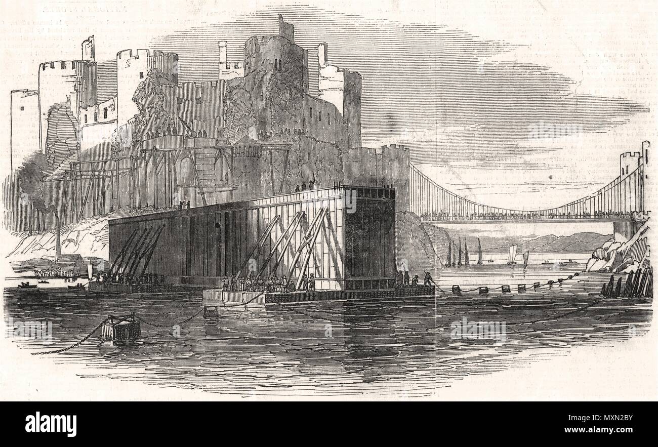 Flusses Conwy tubular Railway Bridge. Floating das Rohr. Wales 1848. Die Illustrated London News Stockfoto