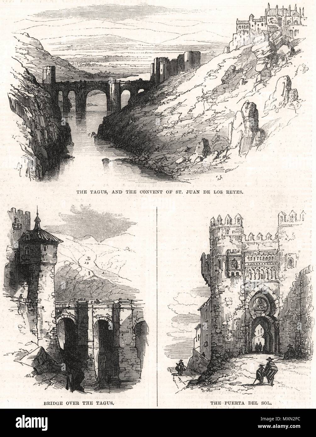 Toledo Brücke über den Tejo. San Juan De Los Reyes Kloster. Puerta del Sol. Spanien 1865. Die Illustrated London News Stockfoto