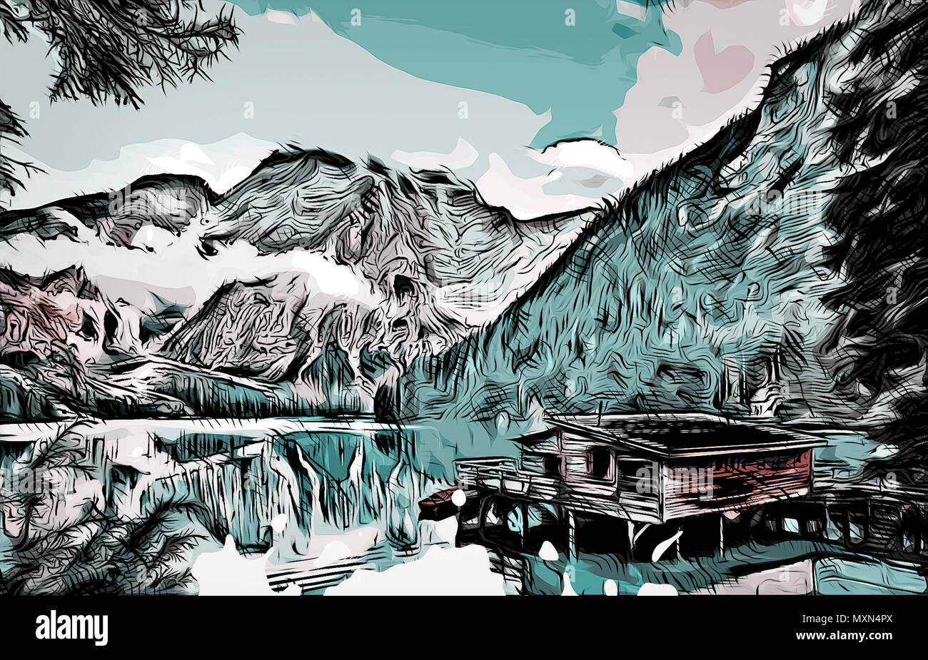 Abbildung: eine Kabine auf einem See in zwischen einige Alaska Berge im Sommer. Illustriert wie tagsüber. Sehr gut geeignet als ein Buch. Stockfoto