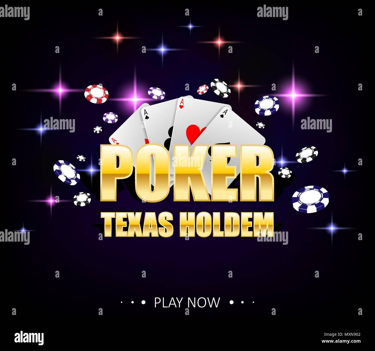 Internet casino Banner mit leuchtenden Lampen für Online Casino, Poker, Kartenspiele, Texas holdem. Poker Poster mit Chips und Karten spielen. Vector Illustration Stock Vektor