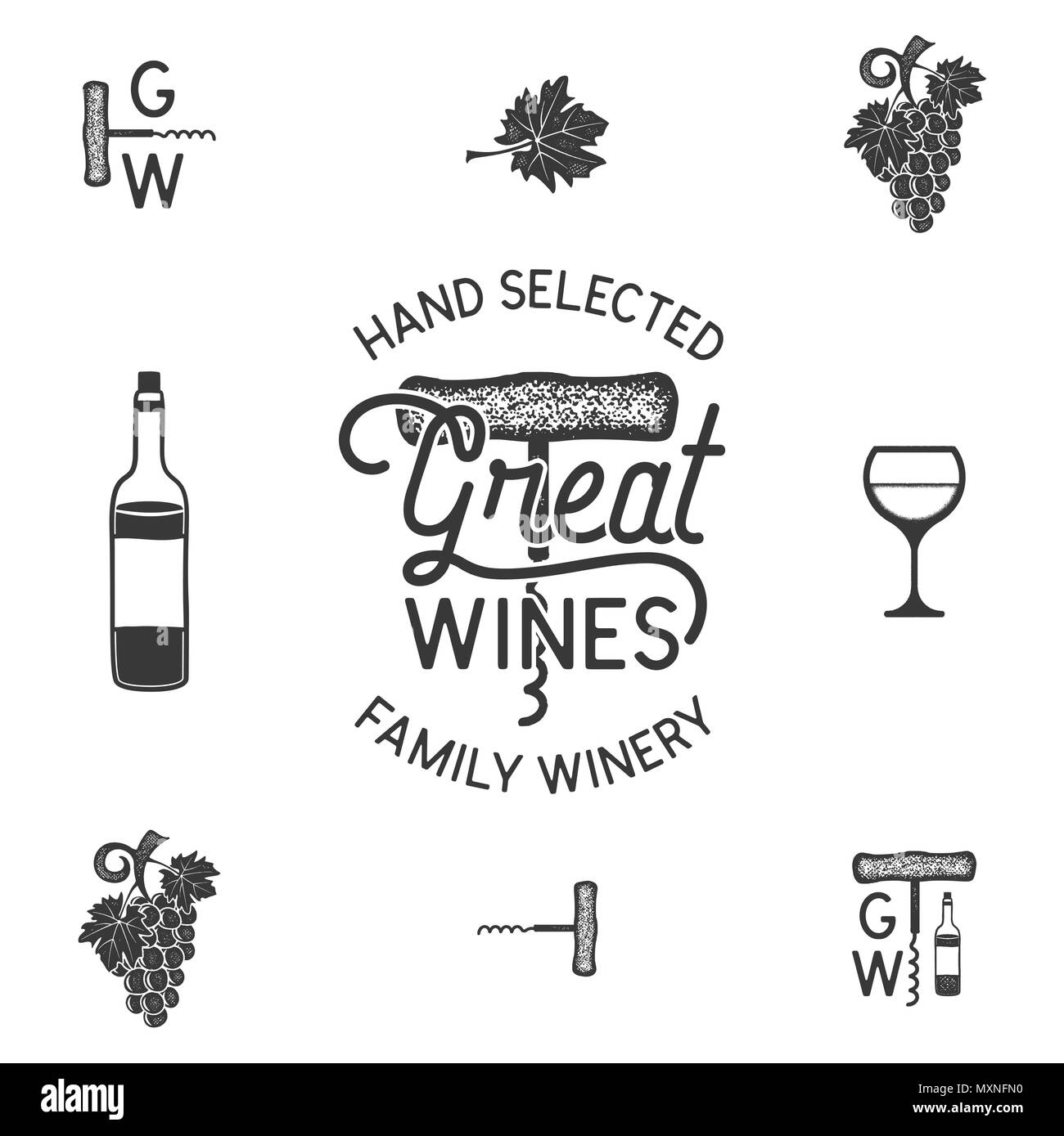 Wein, Weingut Logos und Icons, Elemente. Getränke, alkoholische Getränke, Monogramm. Flasche Wein, Glas, Traube, Blatt. Große Weine Schriftzug. Lieferbar monochromen Abbildung auf weißen isoliert Stockfoto