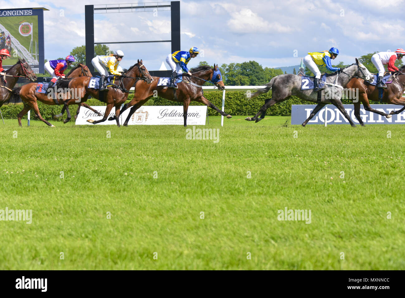 Pferderennen in Baden-Baden, 2. Juni 2018, die Feder bei Baden Racing, Pferde laufen und kämpfen auf dem Kurs, Preis Lauf zur Sport Welt Amateur-Trophy Stockfoto