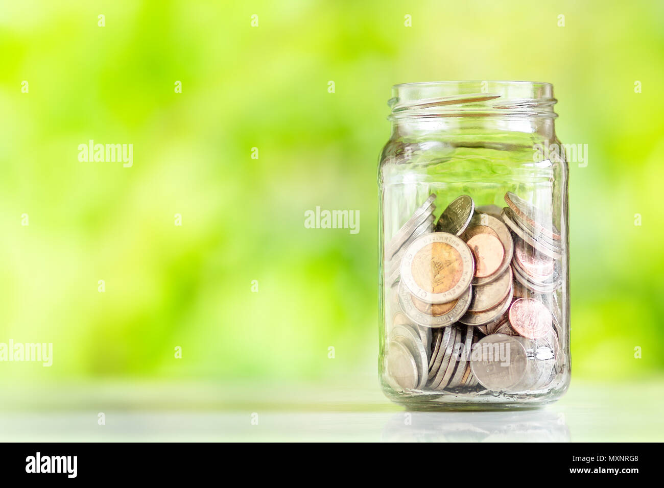 Sparen Sie Geld Anlage Zinsen wachsende Einsparungen Münzen Geld in das Glas Geld sparen mit Hand Münzen Grün Natur Hintergrund Stockfoto