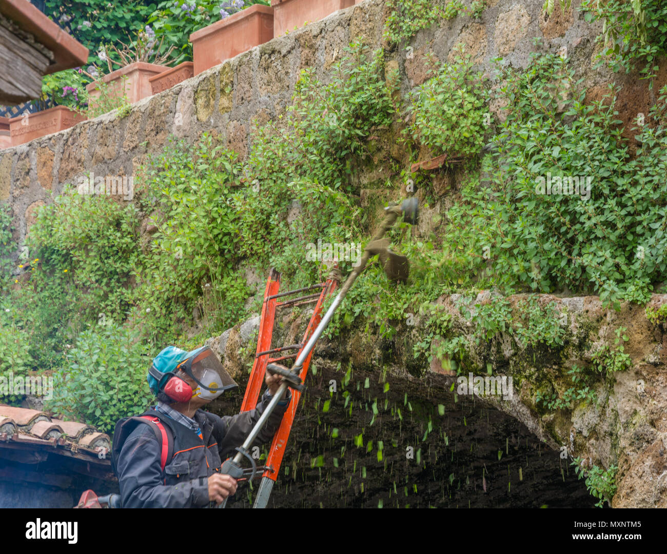 Tuscania (Viterbo), Italien - 2. Mai 2018: die städtischen Gärtner mit STRIMMER in einer archäologischen Stätte in Tuscania, Italien Stockfoto