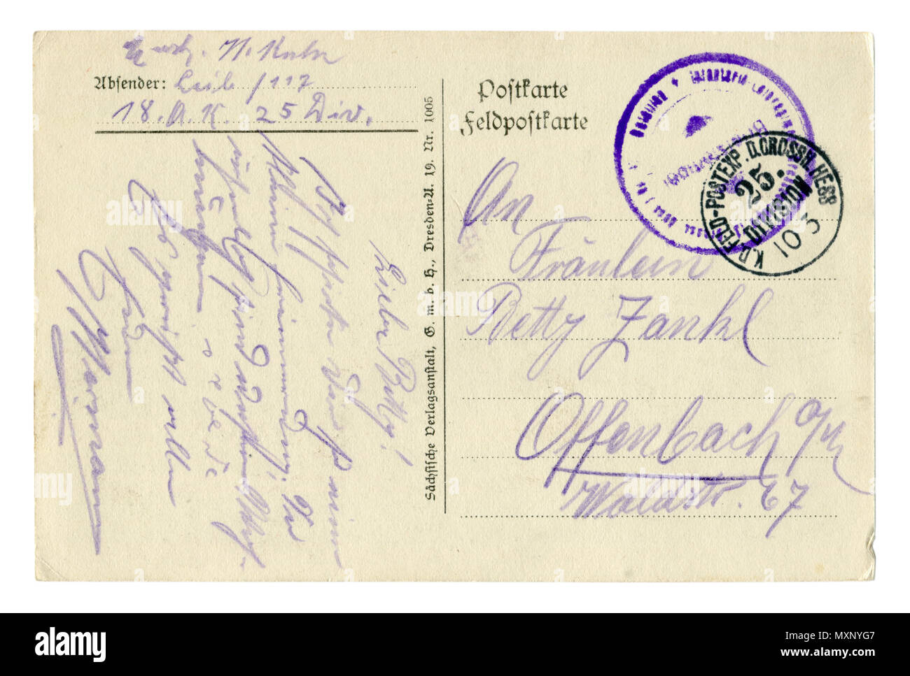 Zurück der Historischen Deutschen MXNYF Postkarte (6) mit Schreiben mit Bleistift geschrieben, mit E-Mail und Name der militärischen Einheit Poststempel, der Weltkrieg 1914-1918 Stockfoto