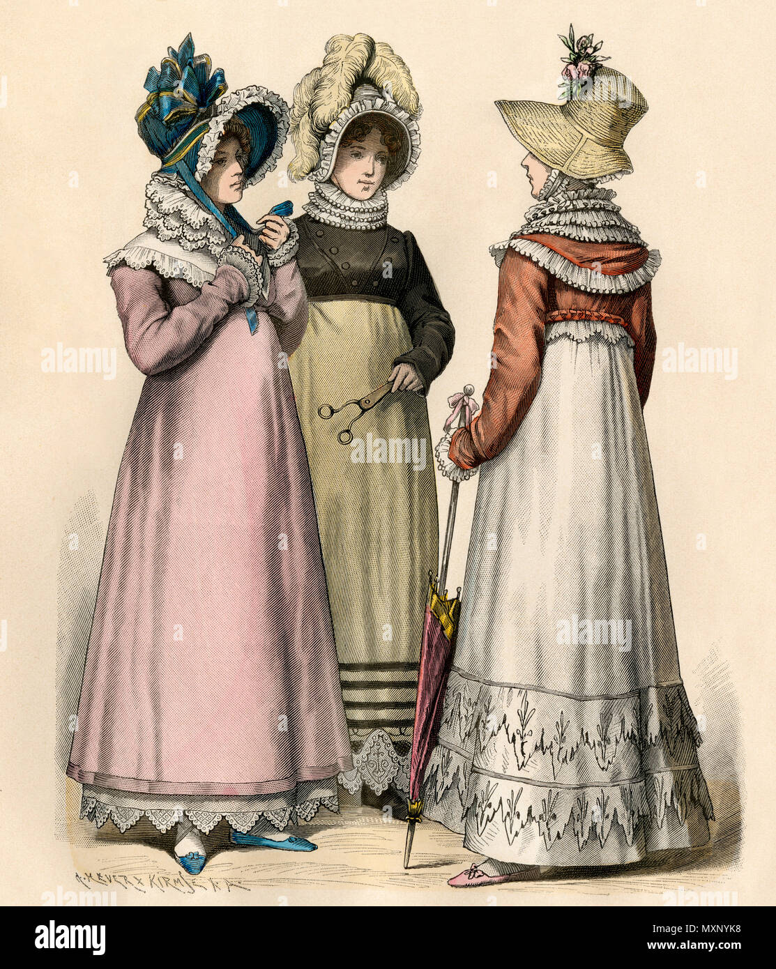Damen in Mode von 1814. Hand-farbig drucken Stockfoto