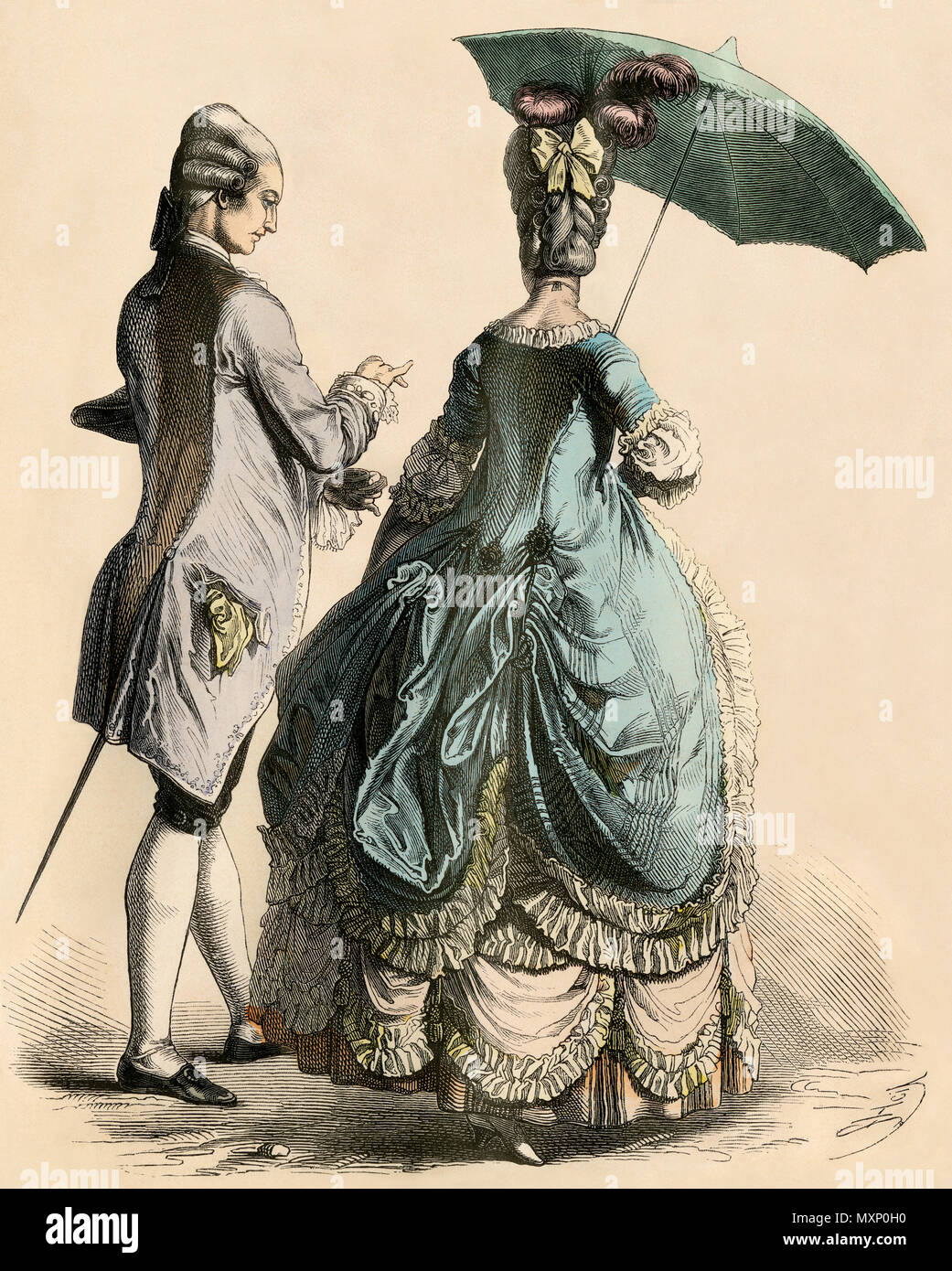 Dame und den Herrn aus den 1780er Jahren. Hand-farbig drucken Stockfoto