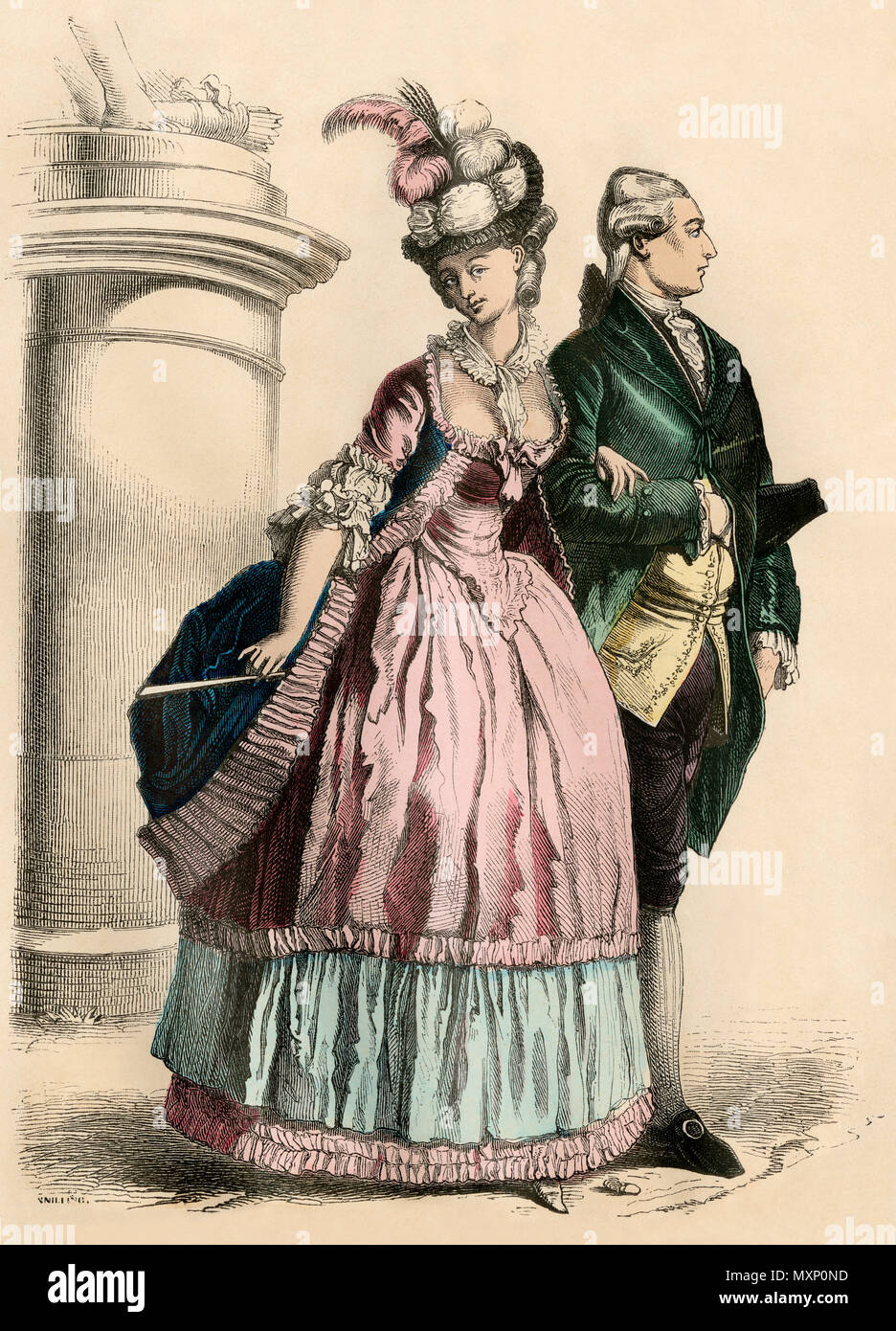 Europäische Paar aus den 1780er Jahren. Hand-farbig drucken Stockfoto