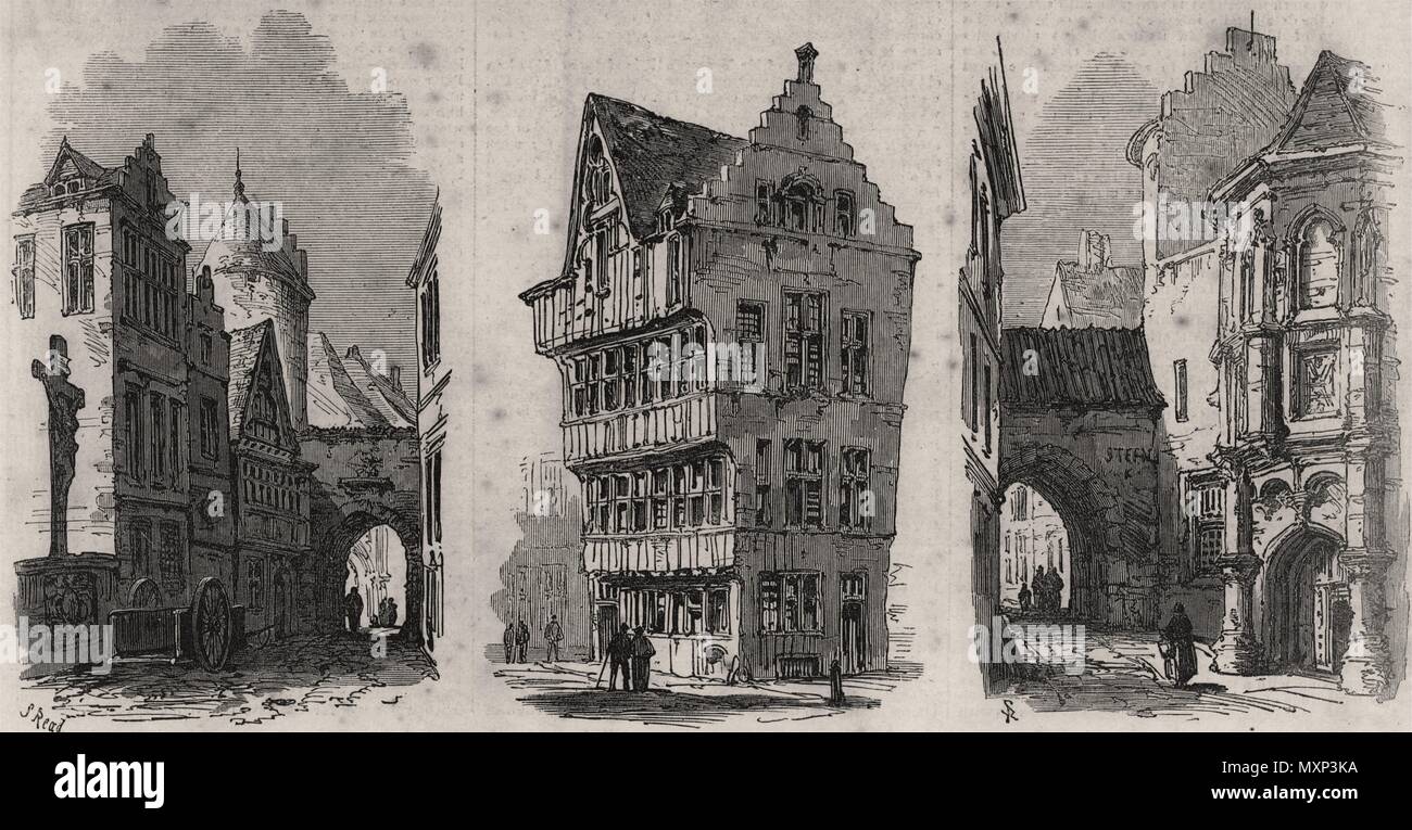 Street Scene; Blockieren von alten Häusern; alte Gefängnis. Antwerpen 1872. Die Illustrated London News Stockfoto