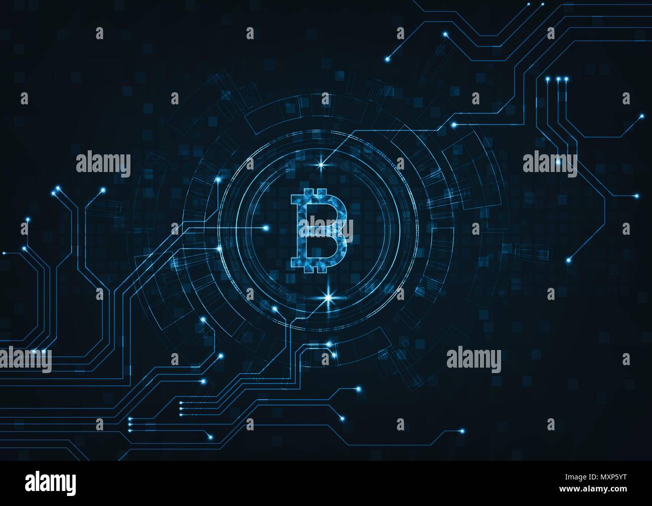 Abstrakte futuristische digitale Geld mit Logo bitcoin digitale Währung auf blau leuchtende elektrische Lichter Hintergrund. Technologie weltweit Netzwerk Konzept. Stock Vektor