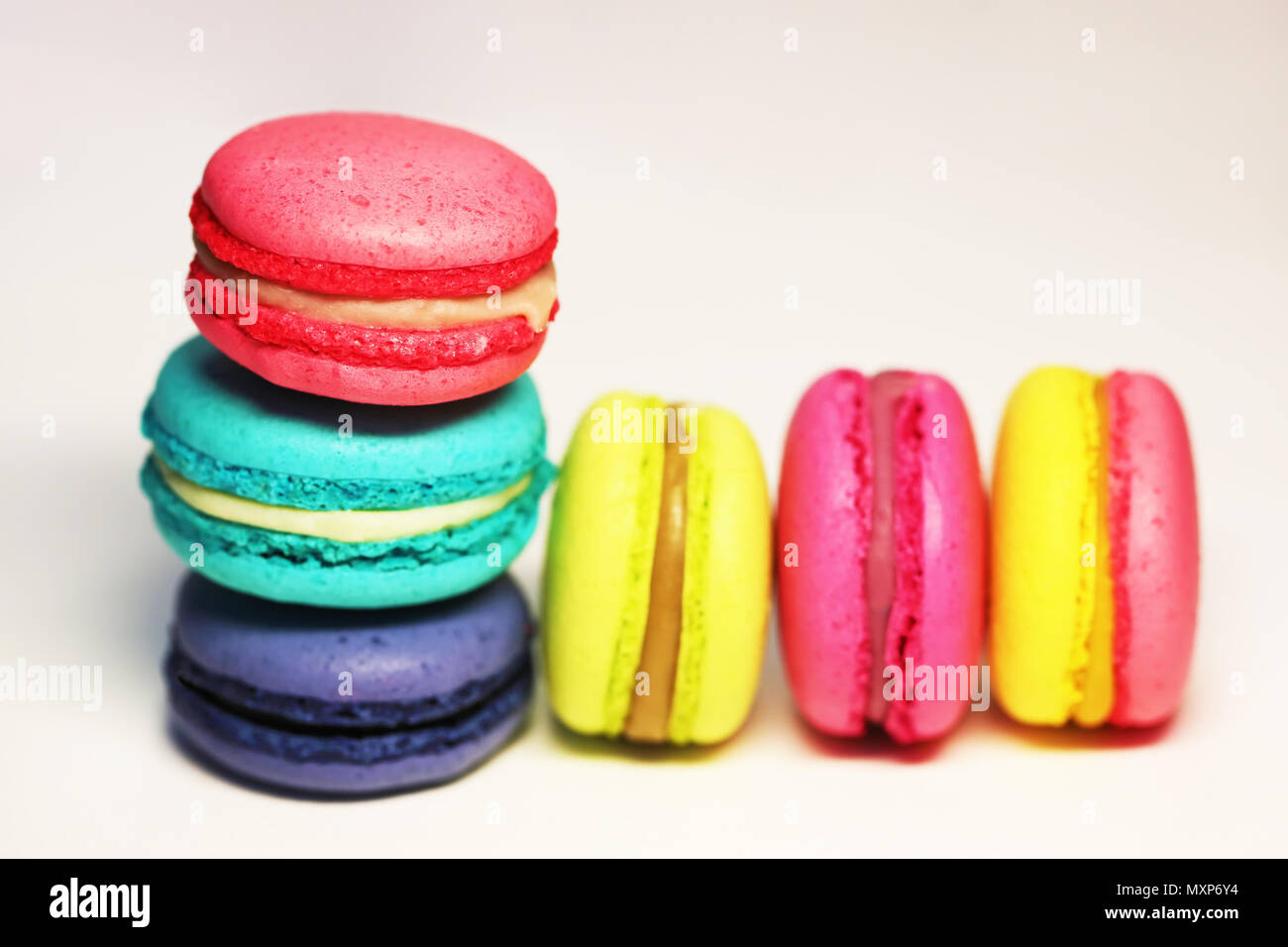 Schöne bunte Makronen essen Foto close up Stockfoto