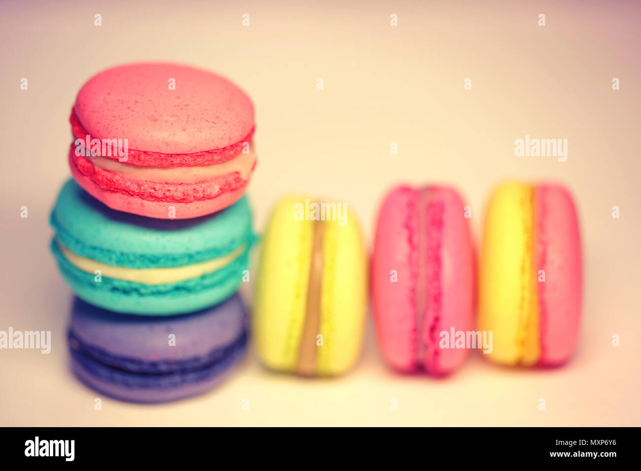 Schöne bunte Makronen essen Foto close up Stockfoto