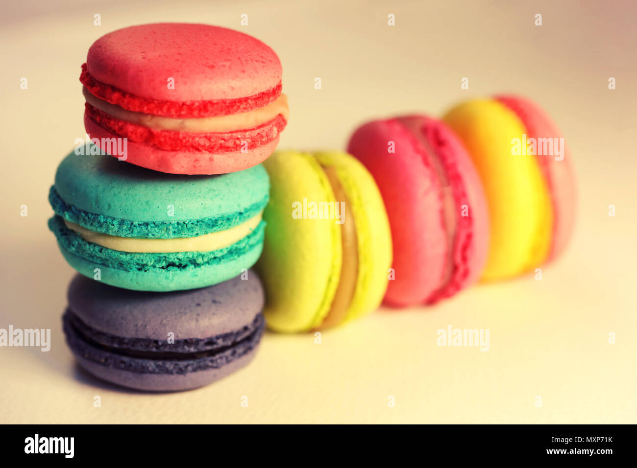 Schöne bunte Makronen essen Foto close up Stockfoto