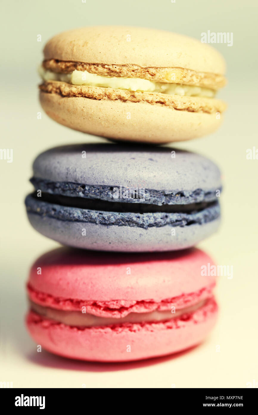 Schöne bunte Makronen essen Foto close up Stockfoto