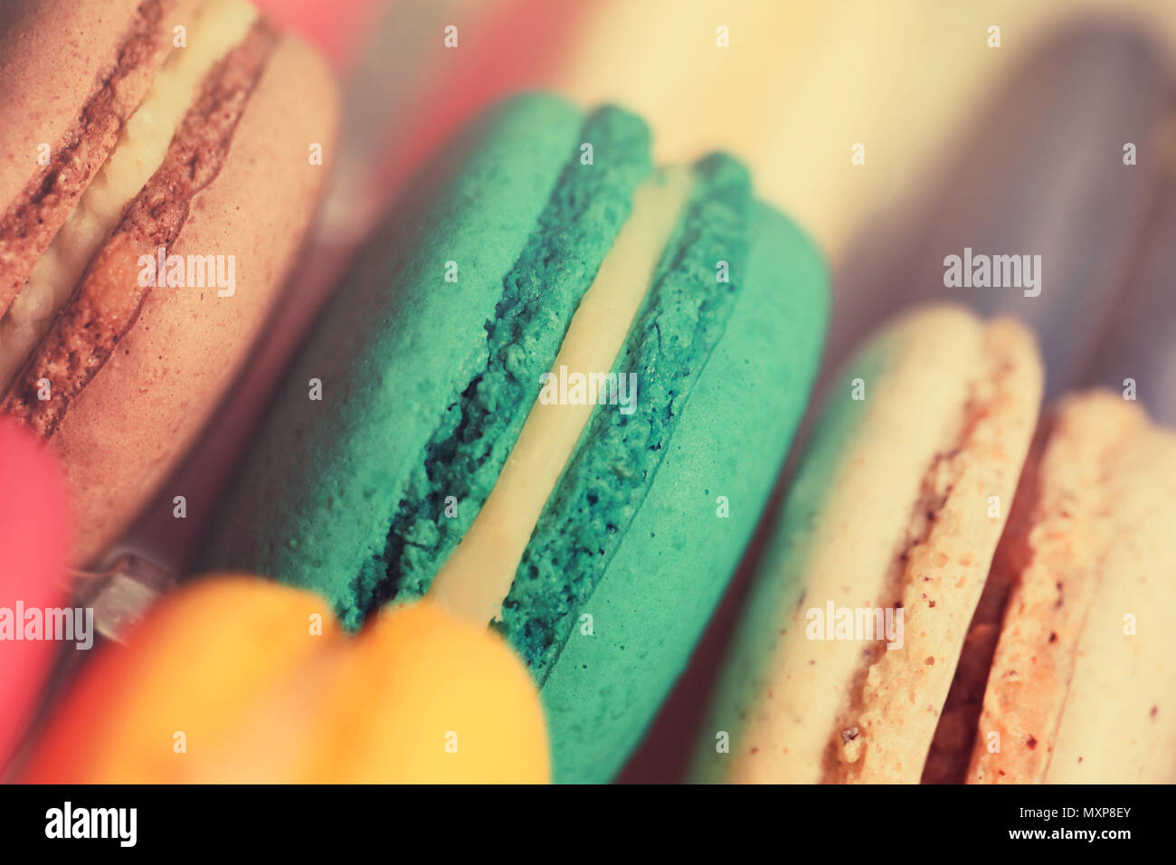 Schöne bunte Makronen essen Foto close up Stockfoto