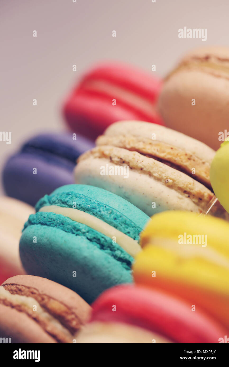 Schöne bunte Makronen essen Foto close up Stockfoto