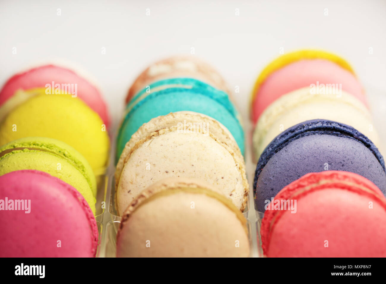 Schöne bunte Makronen essen Foto close up Stockfoto