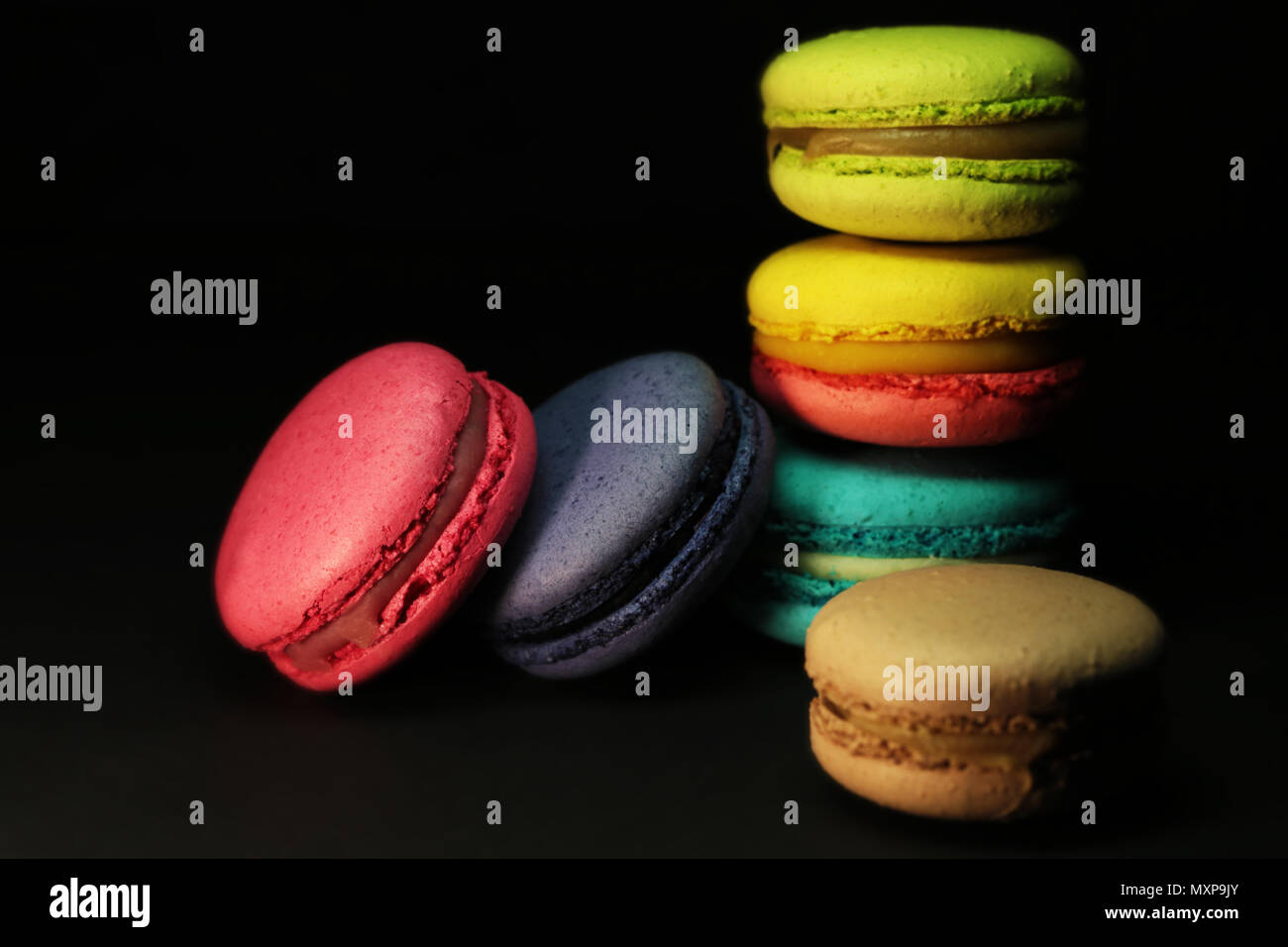 Schöne bunte Makronen essen Foto close up Stockfoto