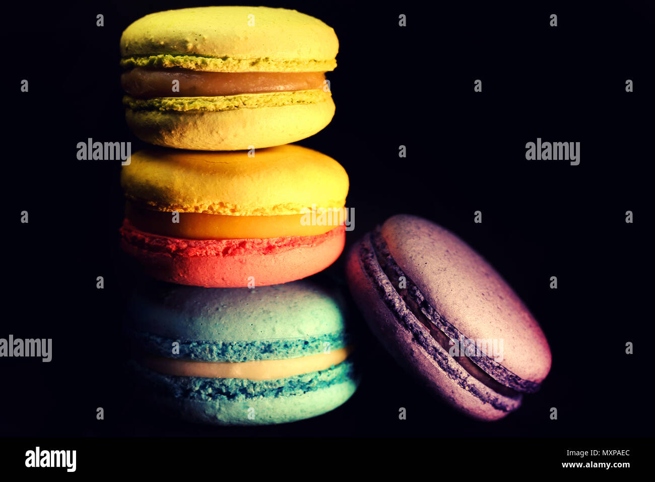 Schöne bunte Makronen essen Foto close up Stockfoto
