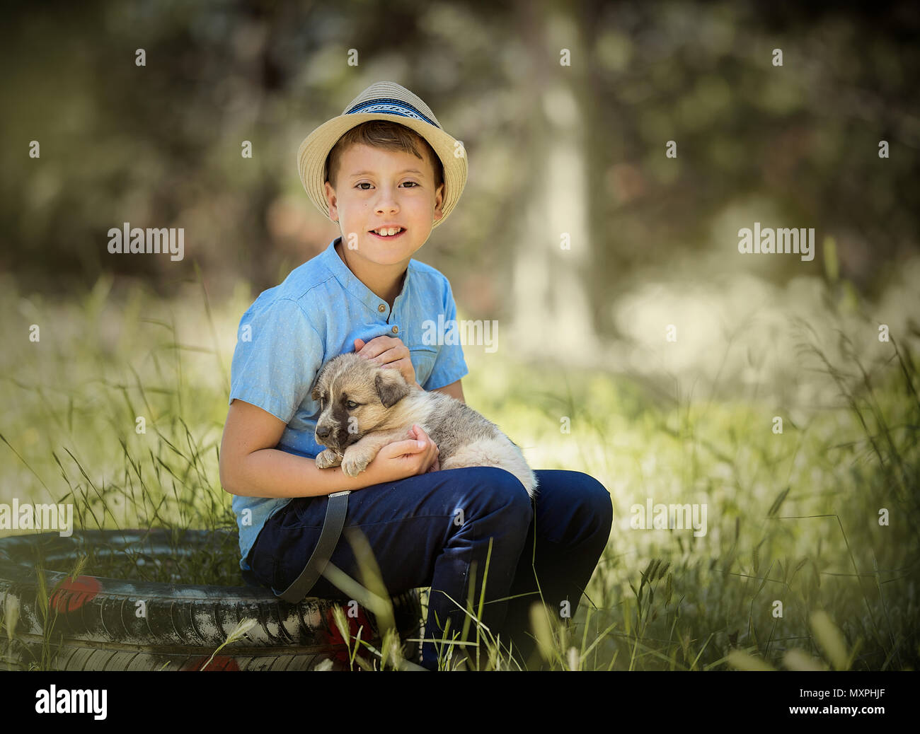 Süße Junge mit Hund Stockfoto