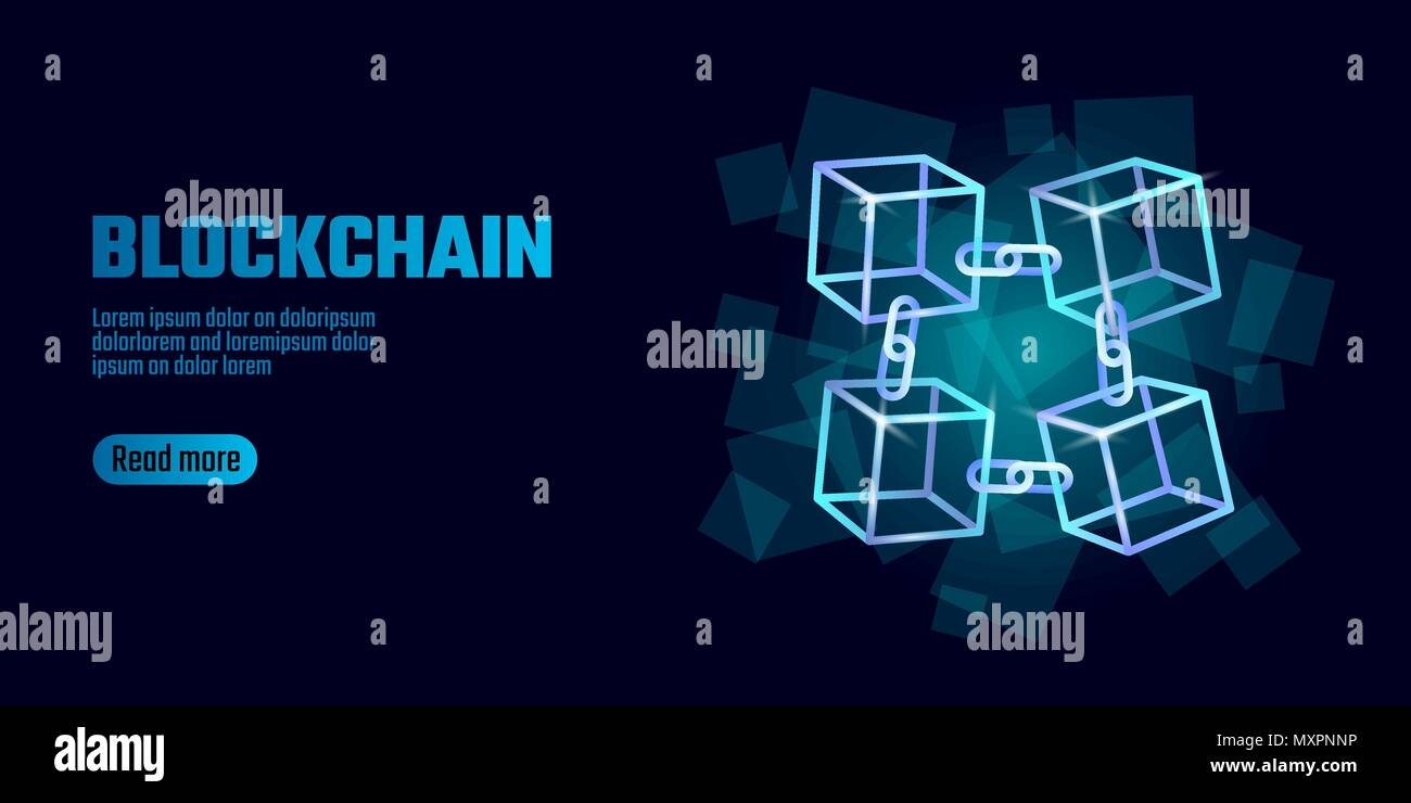 Blockchain Würfel Kette Symbol auf Platz code Big Data Flow Informationen. Blue neon leuchtenden Moderne. Cryptocurrency Finanzen bitcoin Geschäftskonzept Vektor-illustration Hintergrund Vorlage Stock Vektor