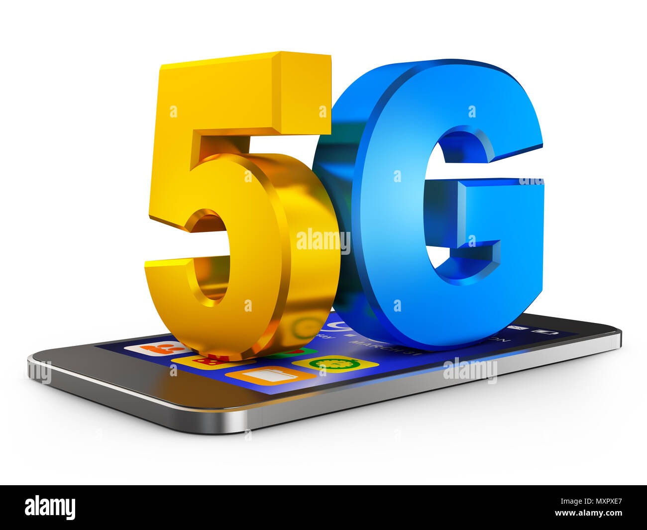 5G und Smartphone auf einem weißen Hintergrund. 3D-Rendering. Stockfoto