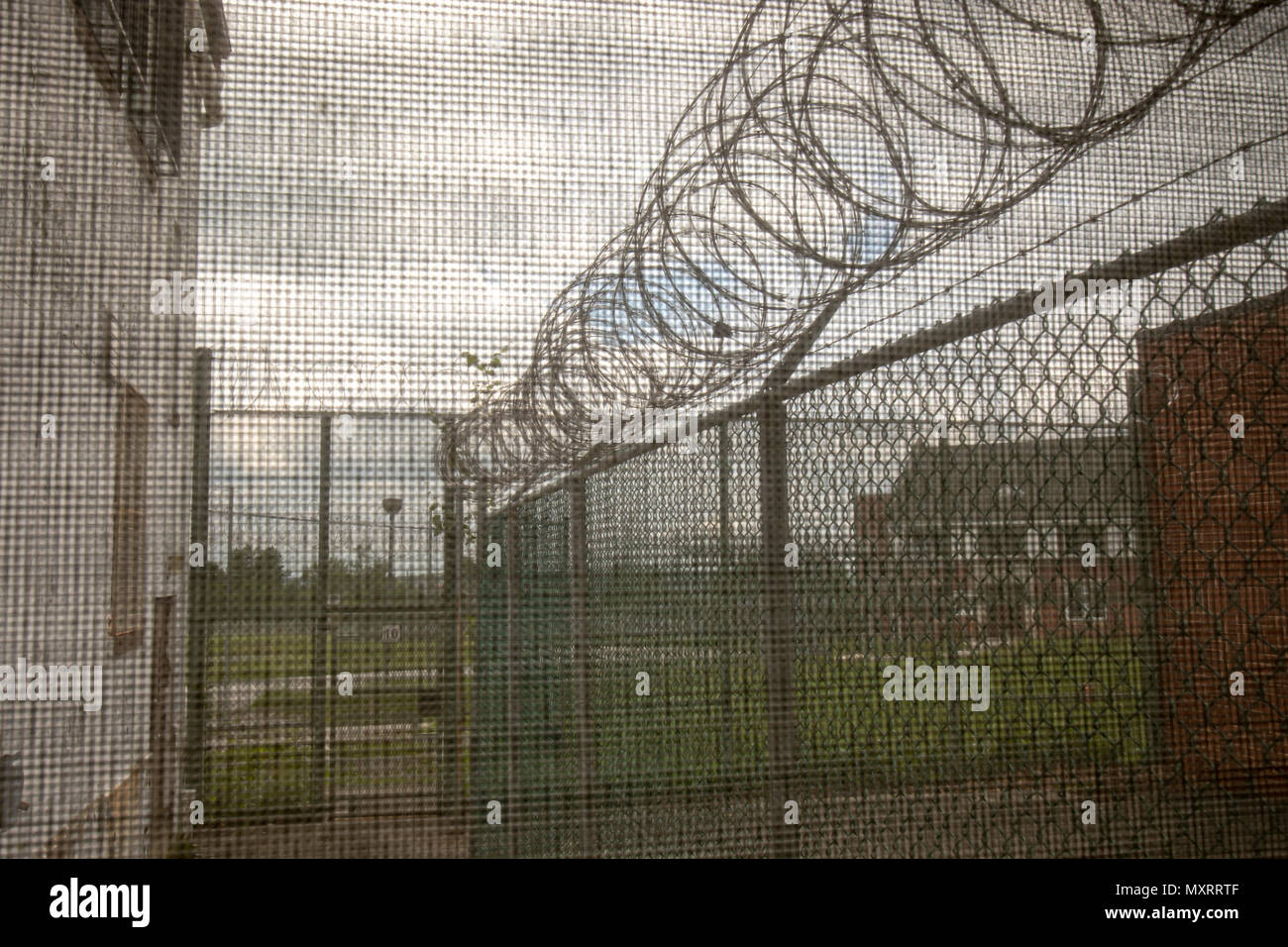 Übung Yard mit Stacheldraht außerhalb von Gebäude im Gefängnis durch Gitter auf Windows. Stockfoto