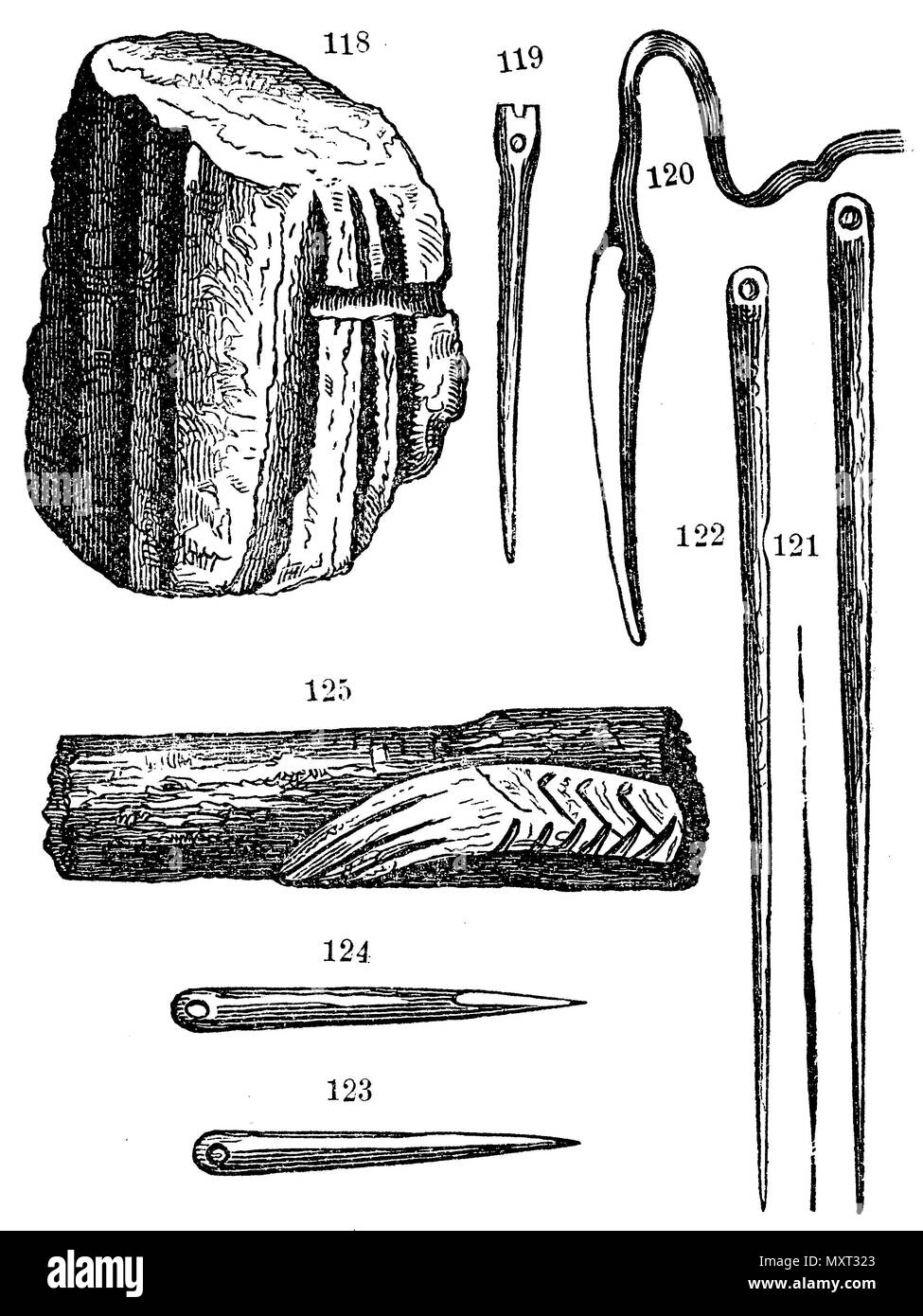 Reihen zu nähen. 118) Polieren von Stein für die Nadel. 119) Nadel mit neuem Auge. 120) Nadel der Eskimos. 121-124) Nadel der Rentiere francans. 125) Schnitzerei aus Rentiergeweih, 1874 Stockfoto
