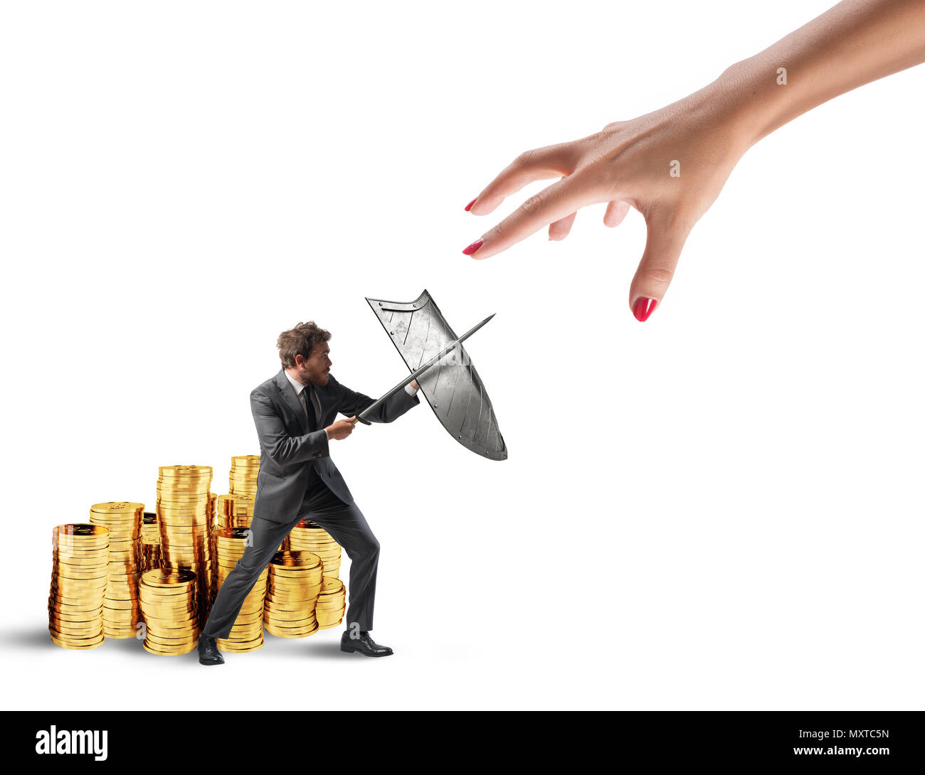 Der Mann beschützt die finanzielle Hauptstadt vom Finanzamt kämpft mit Schwert und Schild. 3D-Rendering Stockfoto