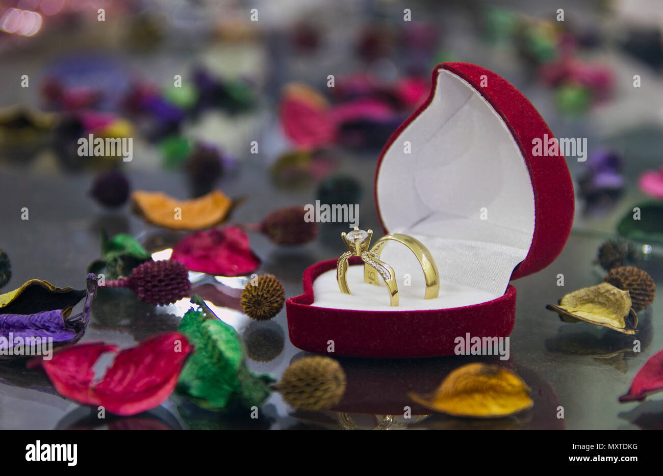 Zwei Trauringe sind in Herzform Red Box inmitten viele farbige Blätter platziert Stockfoto