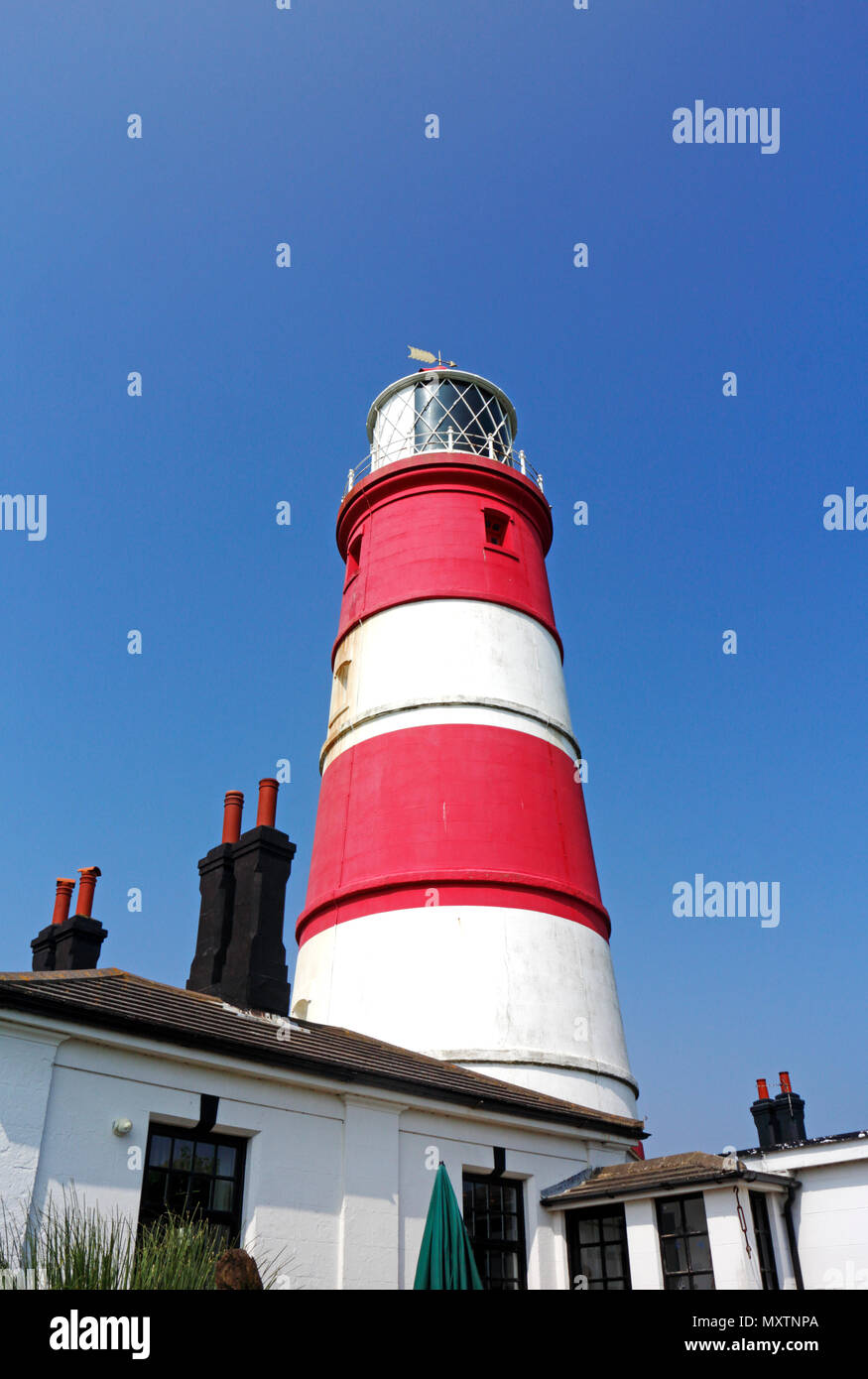 Eine Nahaufnahme der unabhängig betriebene Happisburgh Leuchtturm an der Küste von Norfolk auf Happisburgh, Norfolk, England, Vereinigtes Königreich, Europa. Stockfoto