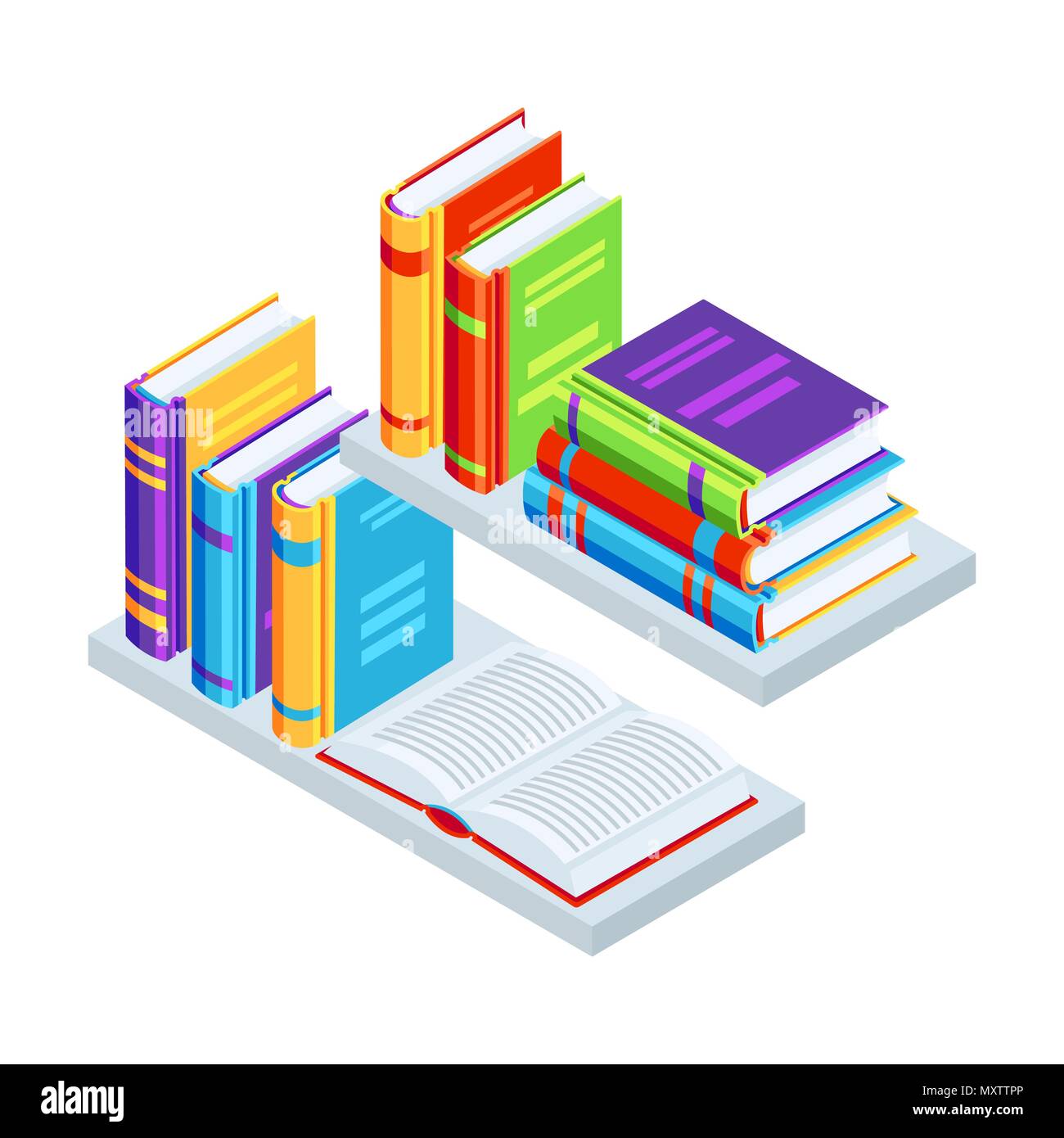 Isometrische Bücher über Bücherregale. Stock Vektor