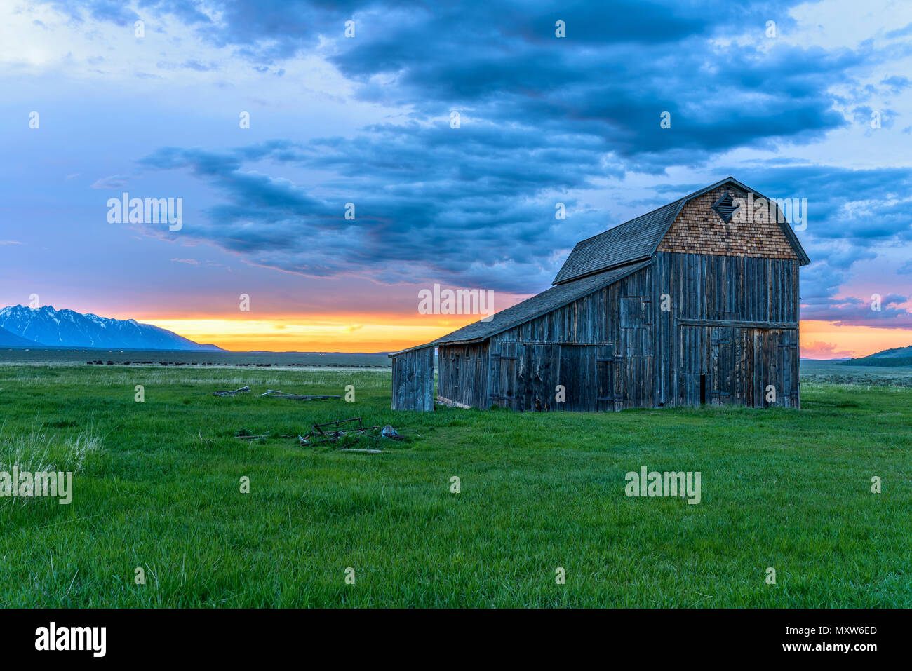 Sonnenuntergang im Old Ranch - Frühjahr Sonnenuntergang an einem verlassenen Old Ranch in Mormonischen Row Historic District an der Basis der Teton Range, Grand Teton National Park, USA. Stockfoto