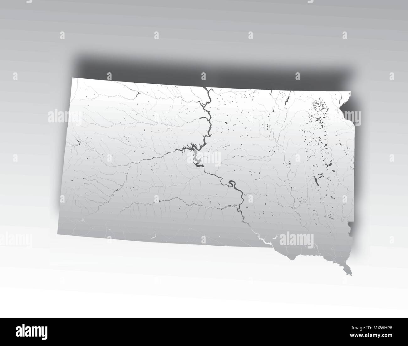 Der USA-Karte von South Dakota mit Papier zu schneiden. Hand gemacht. Flüsse und Seen sind dargestellt. Bitte sehen Sie sich meine anderen Bilder von kartographischen Serie Stock Vektor