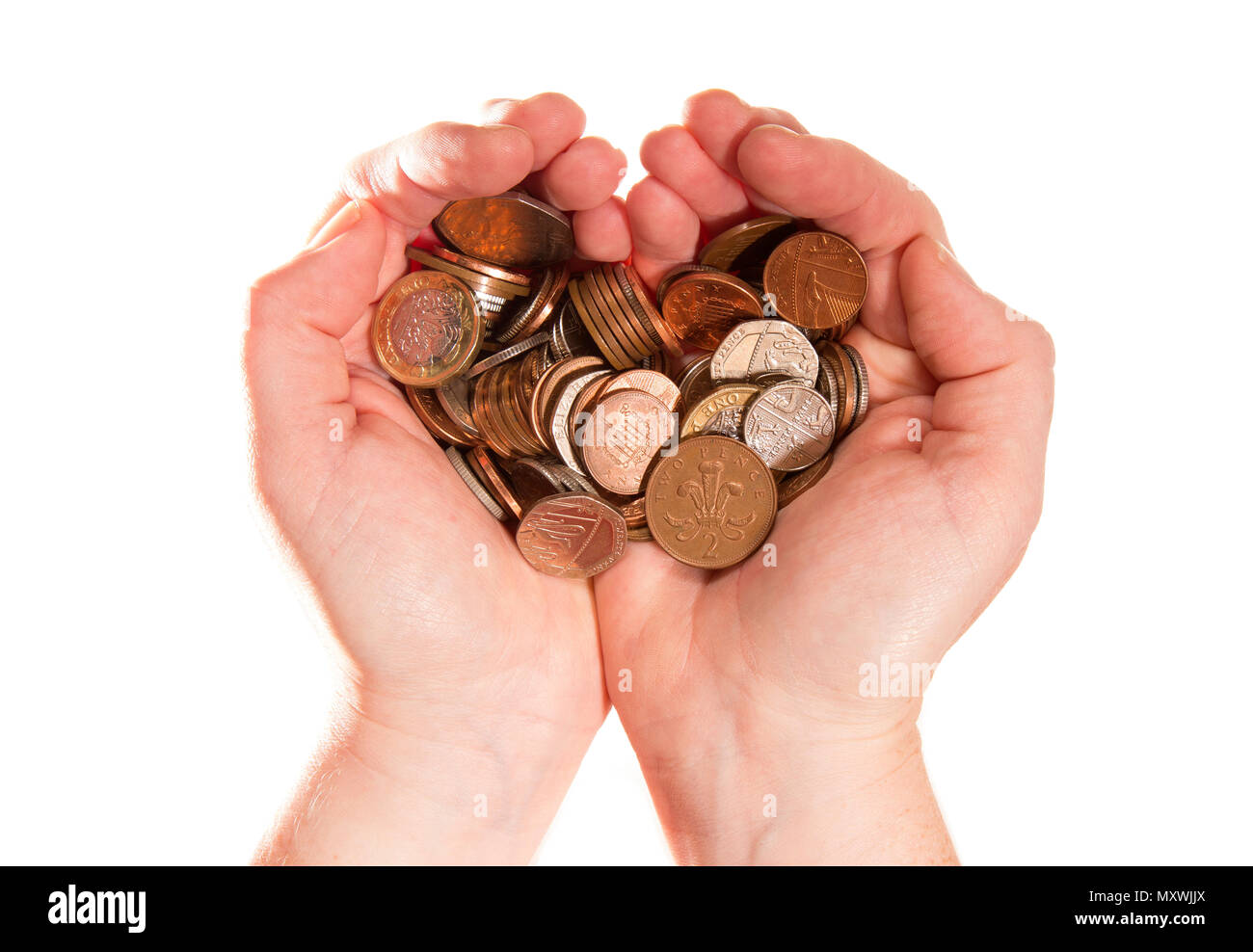 Händen geld Holding in Form eines Herzens Stockfoto