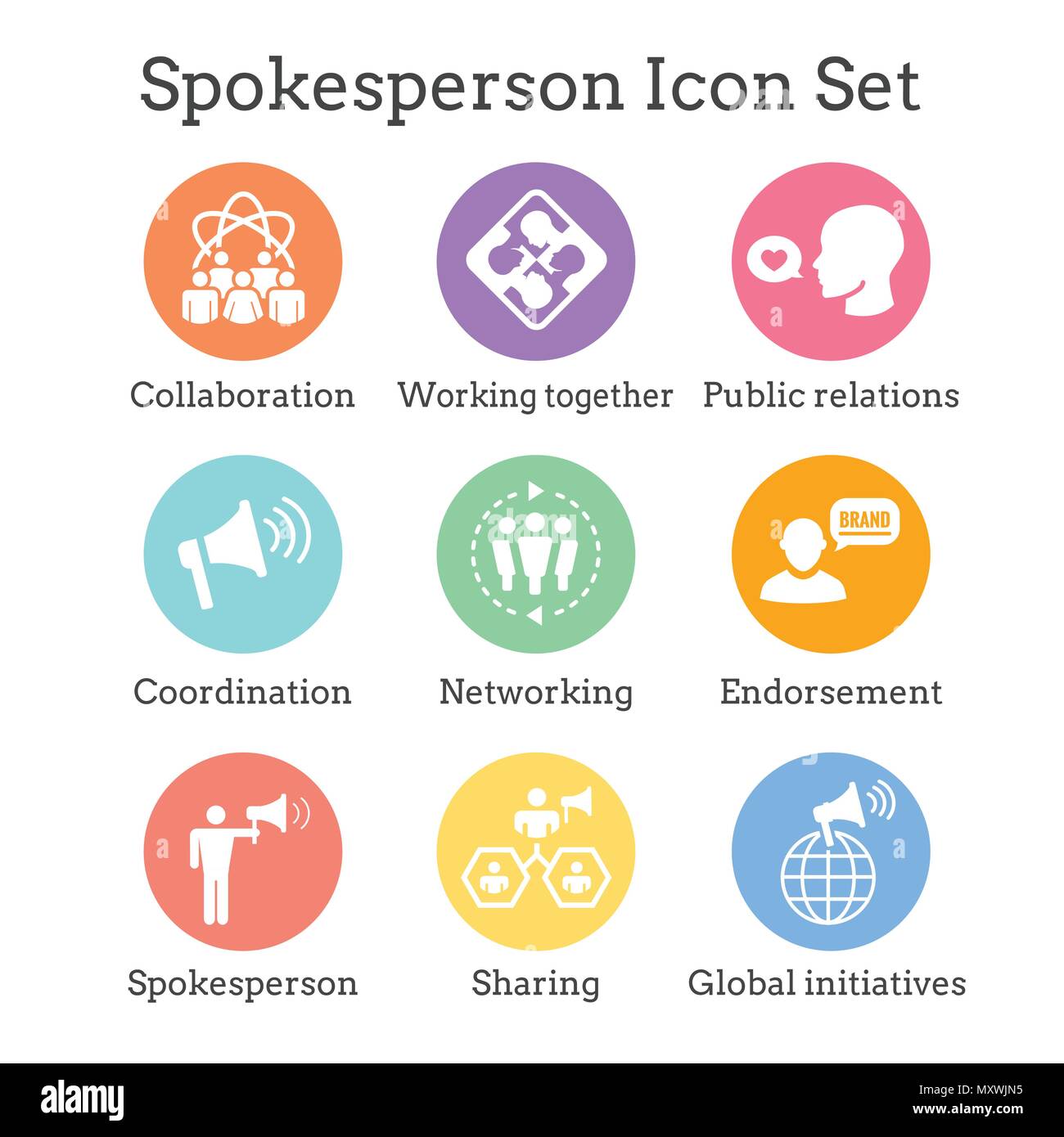Sprecher Icon Set w Megaphon, Koordination, PR, Public Relations Person einstellen Stock Vektor