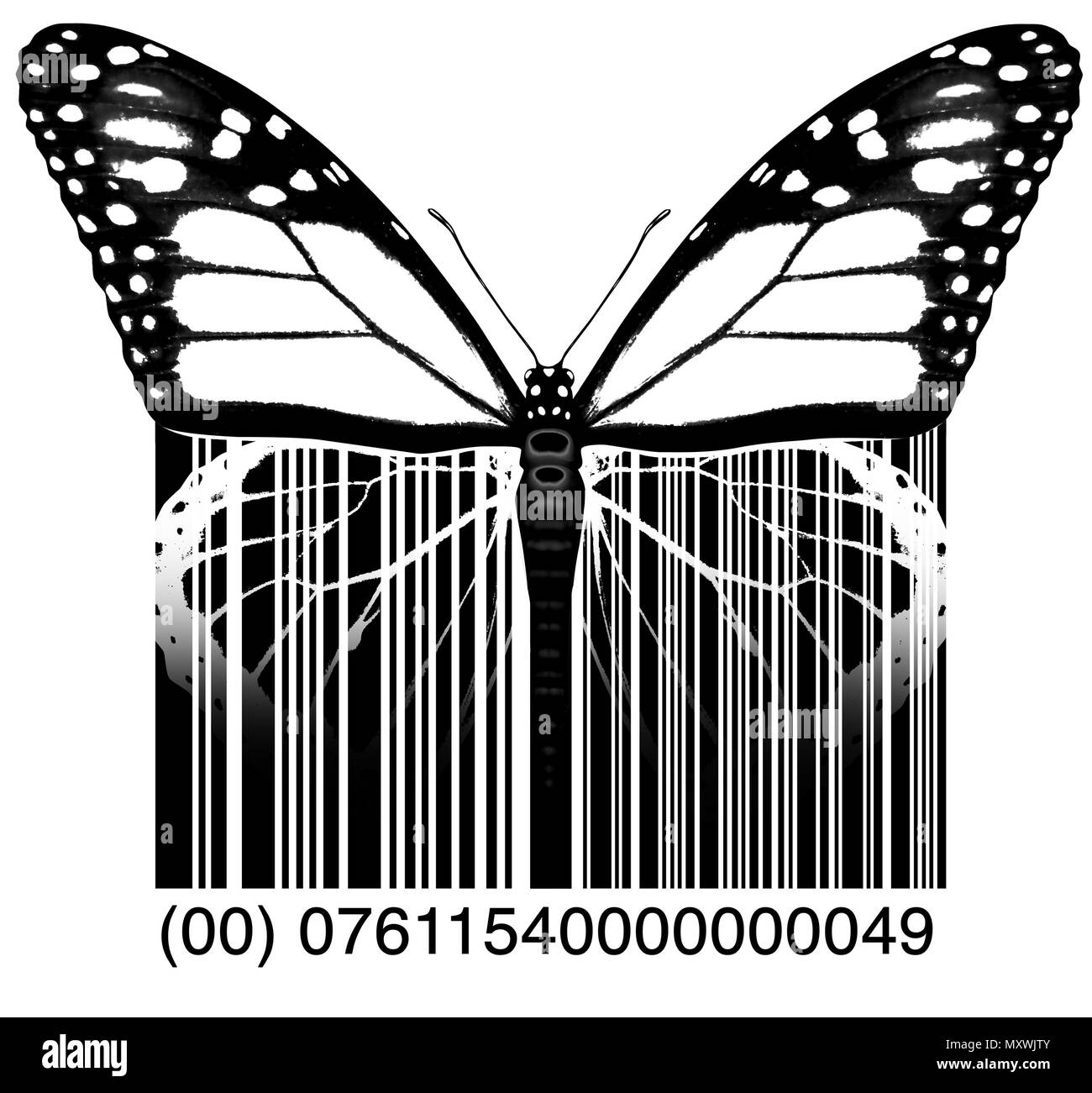 Umwelt Wirtschaft oder Umwelt- Symbol und die grüne Wirtschaft Symbol wie ein Schmetterling die Umwandlung zu einem Produkt UPC-Barcode. Stockfoto