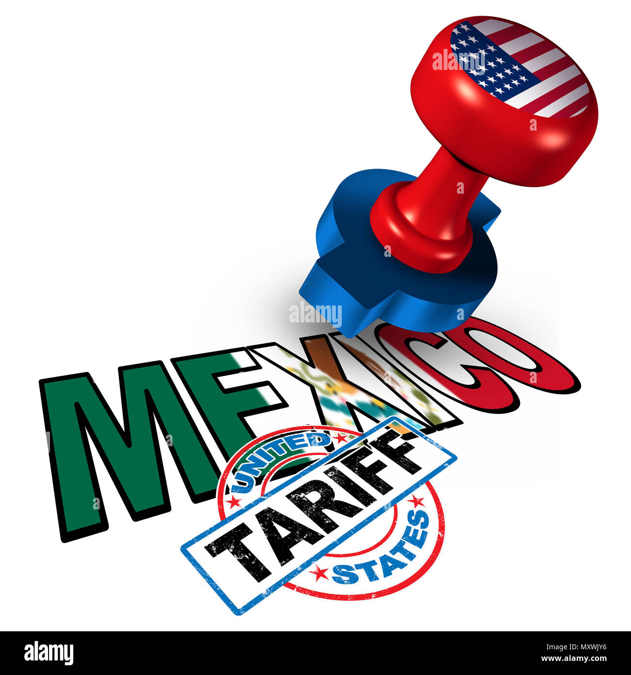 Mexiko Vereinigte Staaten Tarif auf mexikanische Stahl und Aluminium Tarife wie einen Stempel auf Text als wirtschaftliche Handels Besteuerung NAFTA Dispute. Stockfoto