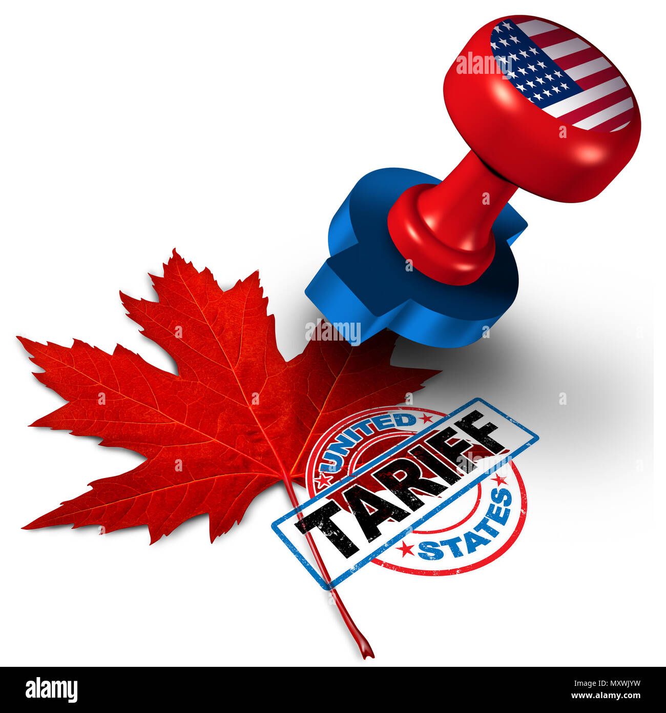 Kanada Vereinigte Staaten Tarif auf kanadischer Stahl und Aluminium Tarife wie eine Briefmarke auf Maple Leaf als wirtschaftliche Handels Besteuerung NAFTA Streit über importieren Stockfoto