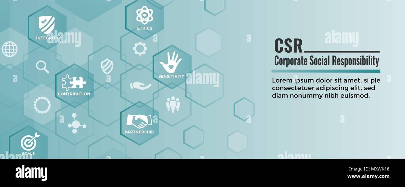 CSR - Corporate Social Responsibility Web Banner mit Icon Set mit Ehrlichkeit, Integrität, Zusammenarbeit, etc. Stock Vektor