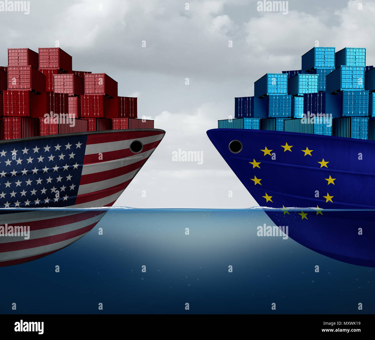 Europa United States Trade und Amerikanischen Tarife als zwei gegensätzliche Frachtschiffe als wirtschaftliche Besteuerung Streit über Import und Export. Stockfoto