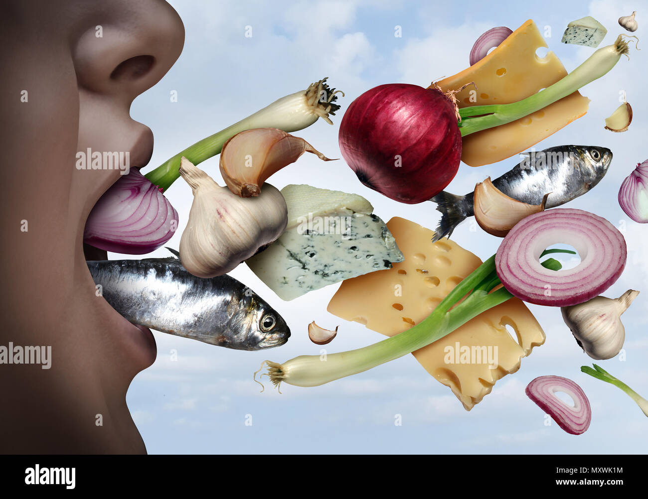 Schlechter Atem und Mundgeruch als unangenehmer Geruch aus dem Mund wie der Geruch von Knoblauch Zwiebeln Fisch oder Käse in einer 3D-Darstellung. Stockfoto