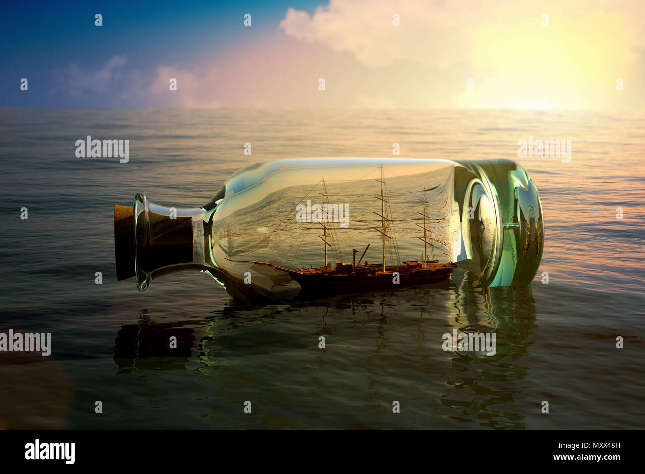 Schiff in einer Flasche am Meer Konzept Stockfoto