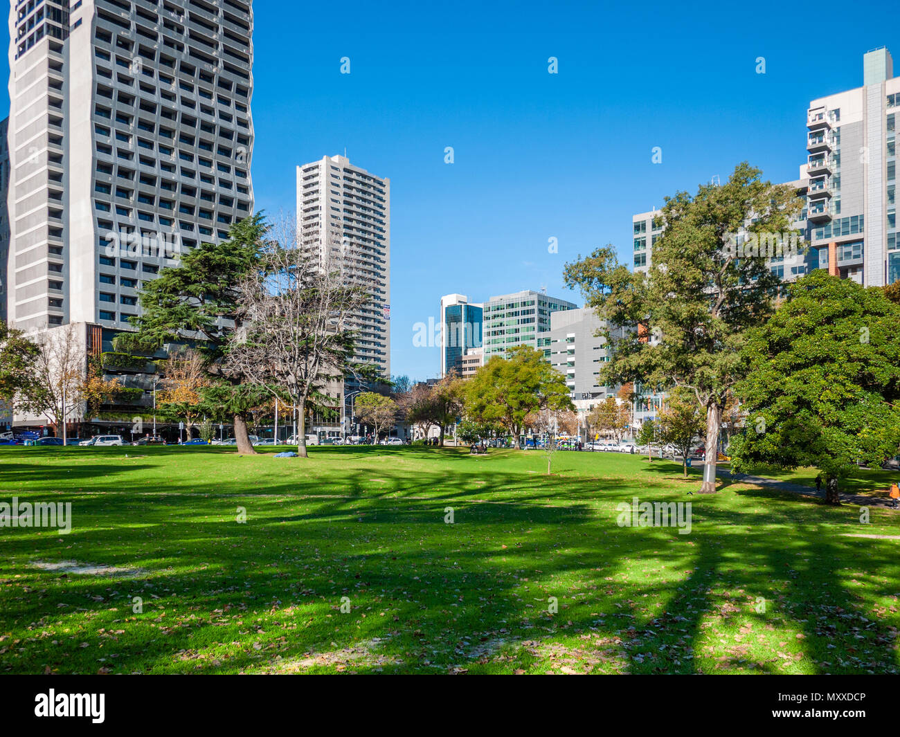 Grünes Gras an der historischen Flagstaff Gardens in Melbournes CBD. Großzügige öffentliche Park gegen hohes modernes Gebäude im Stadtzentrum. VIC Australien Stockfoto