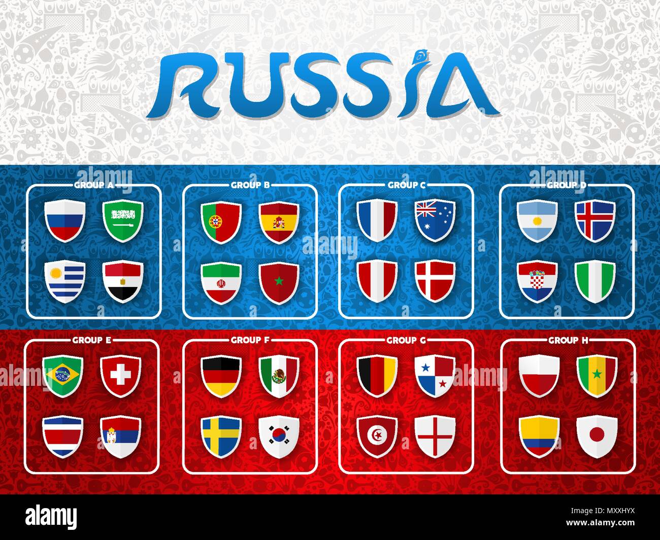 Fußball-Event Team Liste Vorlage. Special Sport Gruppe planen mit qualifizierten Spieler Länder auf Russische Fahne Hintergrund. EPS 10 Vektor. Stock Vektor