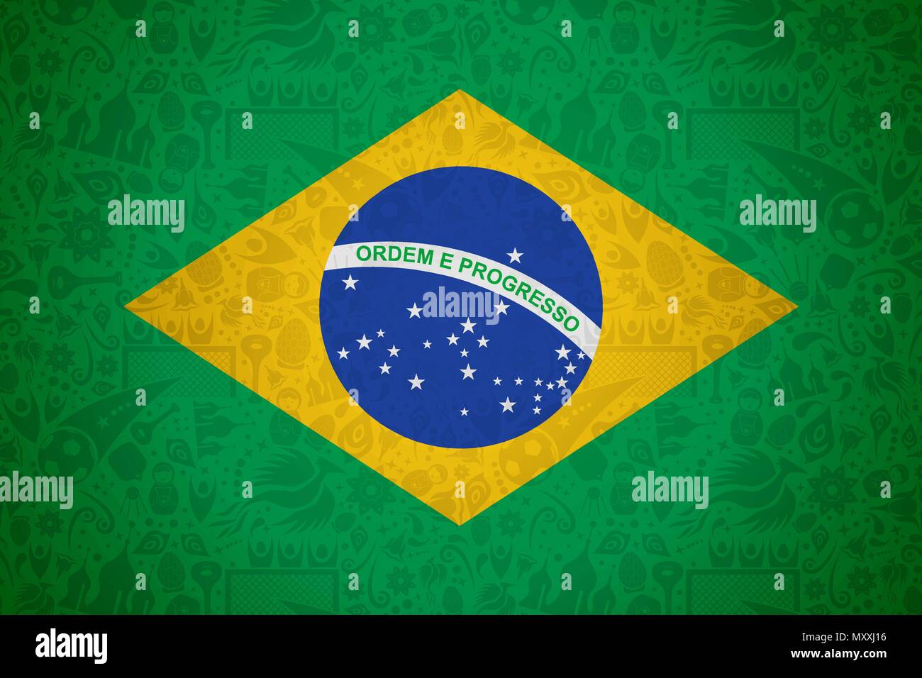 Brasilien Flagge Hintergrund für besondere Fußball-Sport Ereignis. Mit russischen Stil Ikonen. EPS 10 Vektor. Stock Vektor