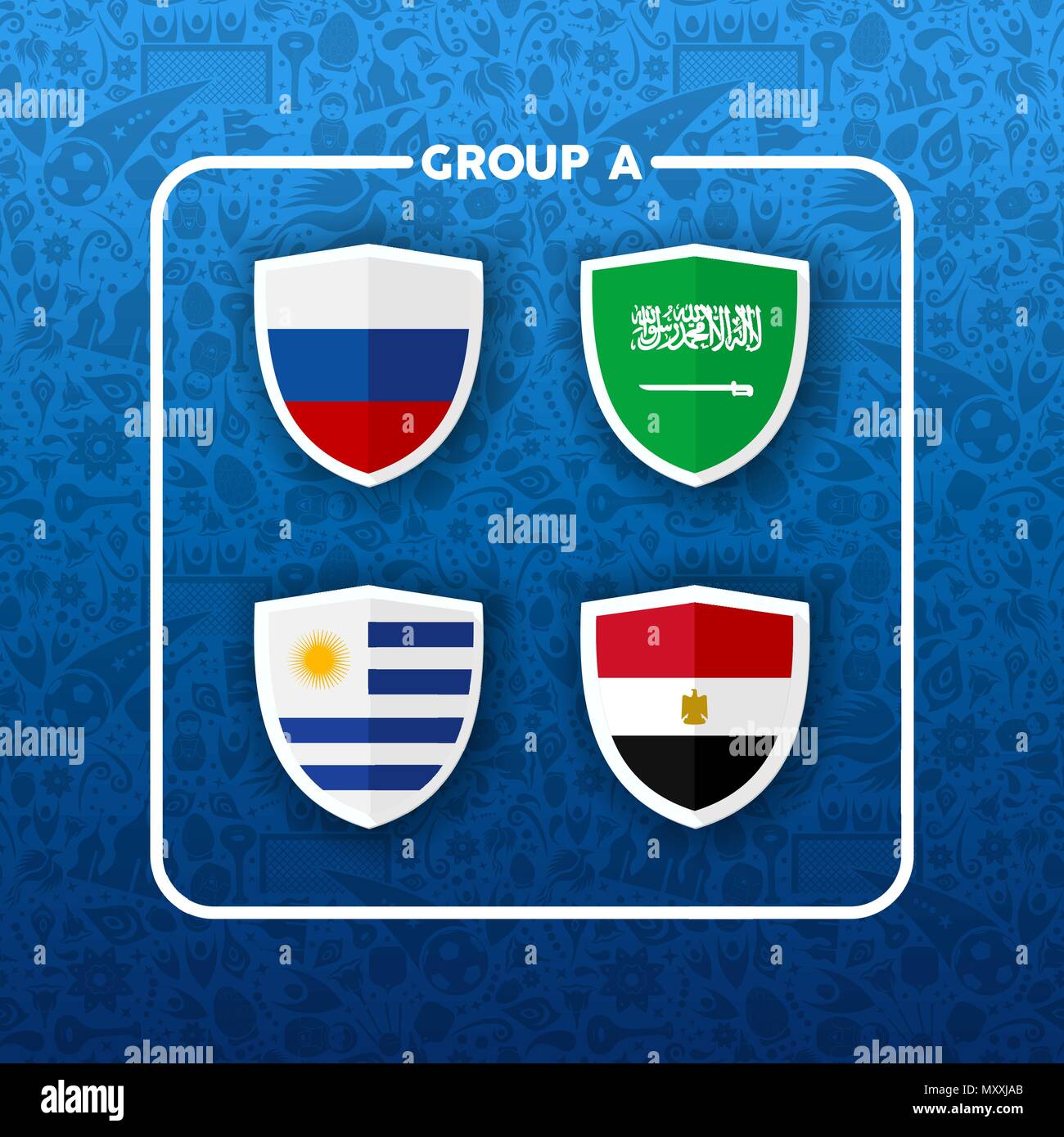 Fußball-Weltmeisterschaft Veranstaltungsplan für 2018. Gruppe A Land team Liste der Fußball-Match spiele. Gehören Russland, Saudi-Arabien, Ägypten und Uruguay. EPS 1. Stock Vektor