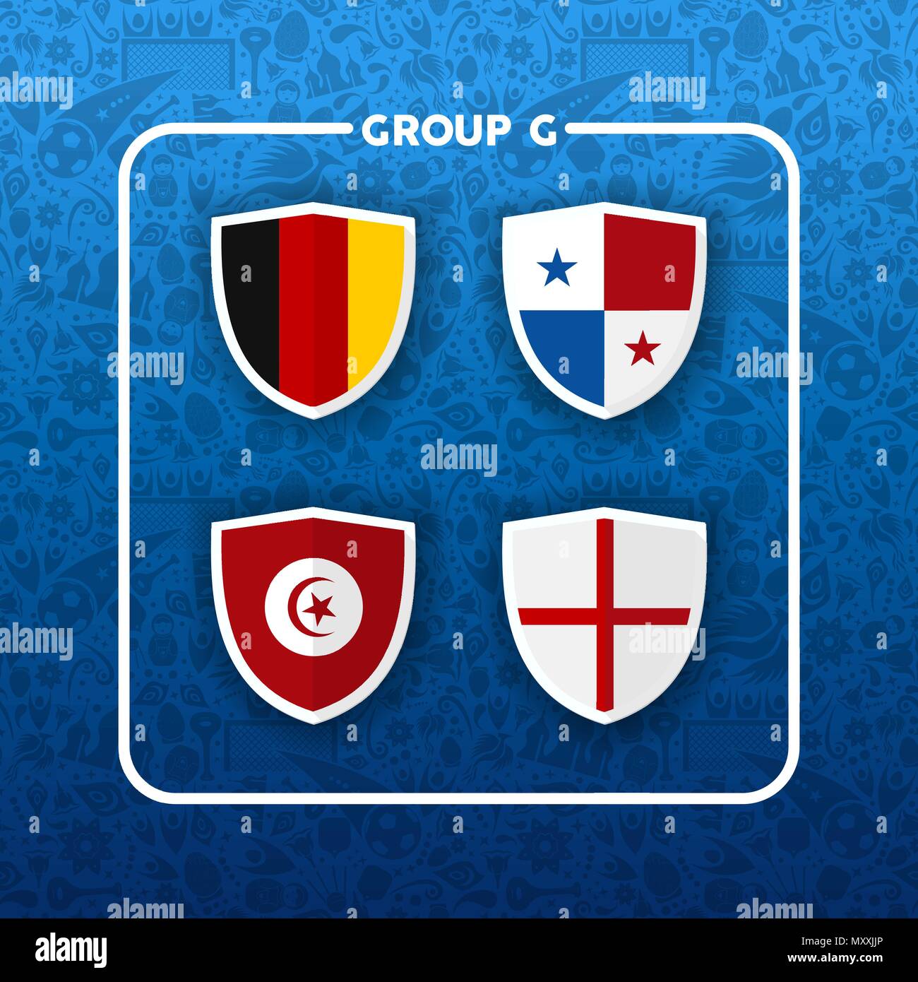 Wm-Ereignis planen. Gruppe G Land team Liste der Fußball-Match spiele. Gehören Belgien, Japan, Polen und Senegal. EPS 10 Vektor. Stock Vektor