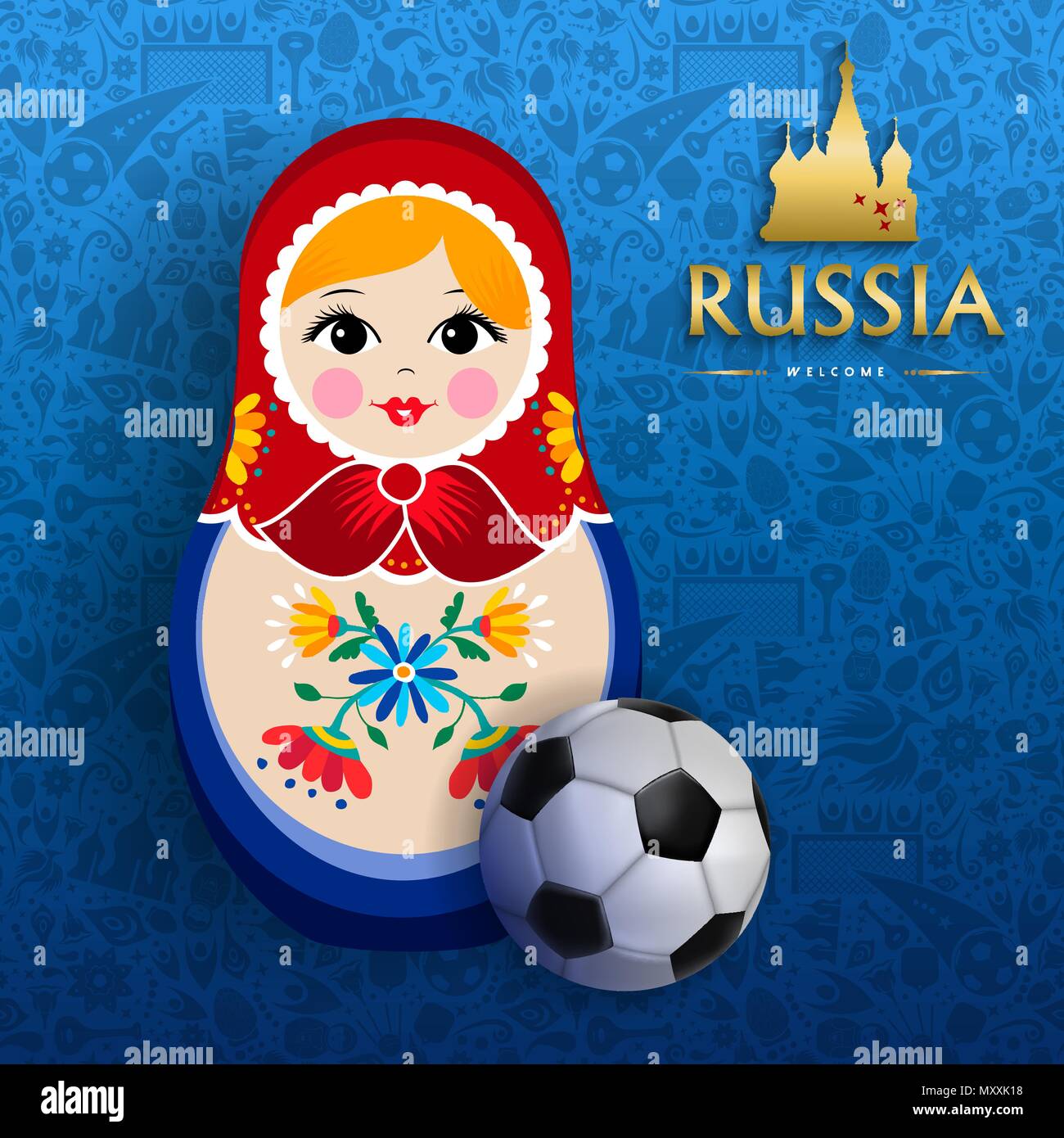 Russische Puppe Plakat für Russland Sport Event. Traditionelle matrioska Frau Souvenir mit Fußball auf blaue Farbe Hintergrund. EPS 10 Vektor. Stock Vektor