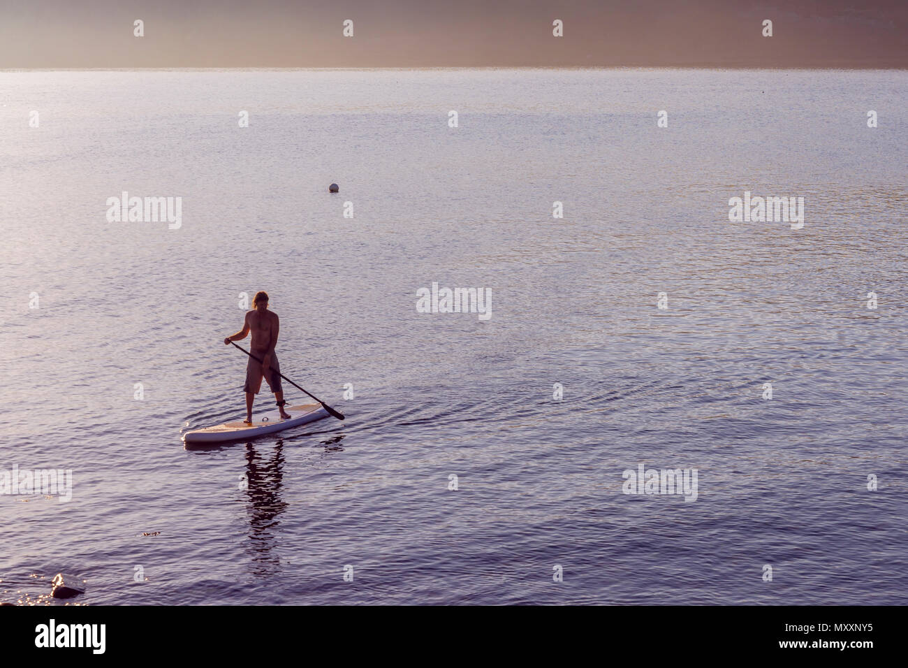 Mann auf einem Stand up paddleboard (SUP) bei Sonnenuntergang bei Kimmeridge Bay, Dorset, England, Großbritannien Stockfoto